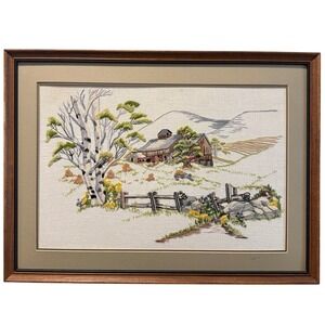 Vintage Handmade Needlepoint Wood Framed Art Country Barn Mountains Trees 19X26